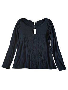 WHBM Women's Sz L Black Long Sleeve Wide Scoop Neck Top